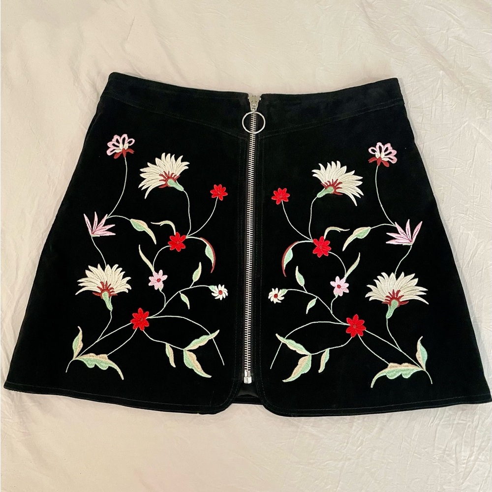 Zara Leather Suede Embroidered Flowers Skirt